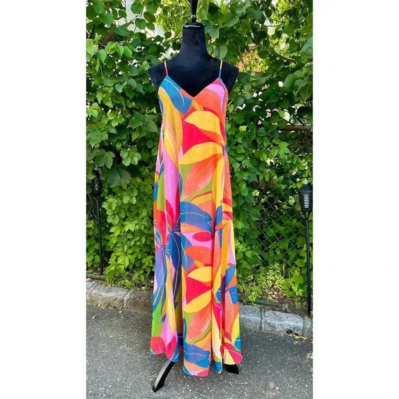 Nicole Miller Tropical Print Chiffon Shift Maxi Dress Sleeveless Size M NWT 012 - Picture 1 of 4